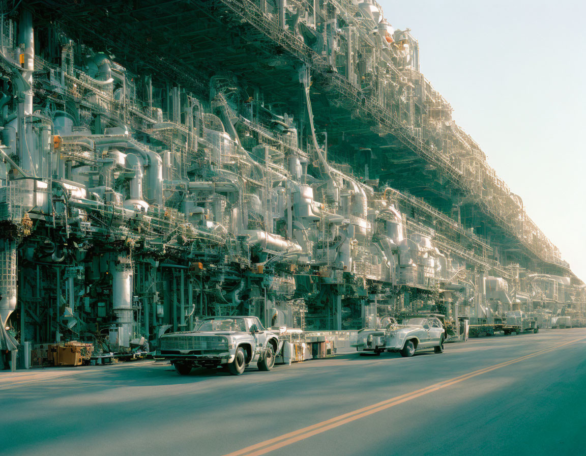 Industrial facility with complex piping and machinery beside vintage cars on empty road