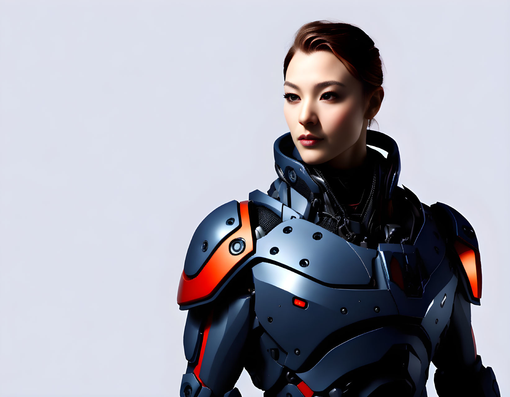 Asian woman in futuristic robotic armor 3D illustration