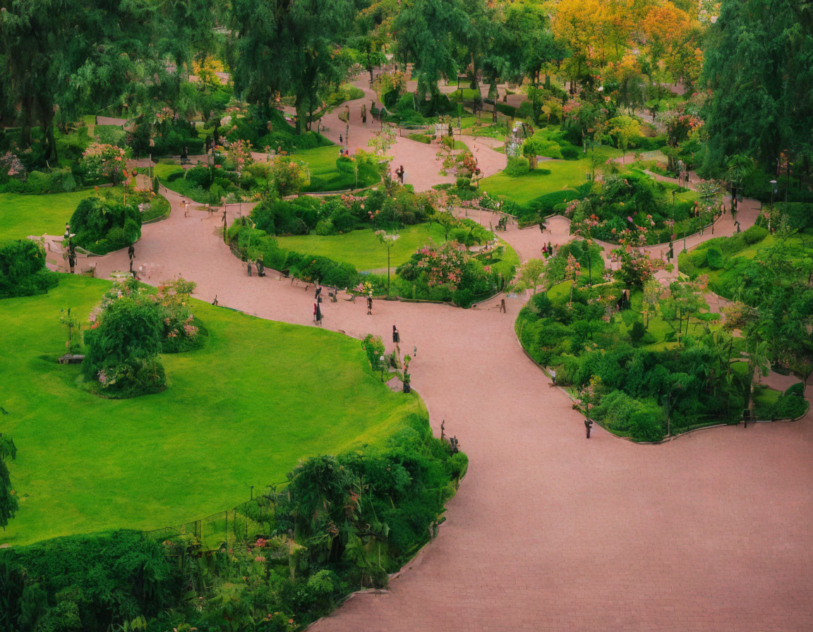 Lush Garden with Winding Paths and Blooming Flowers