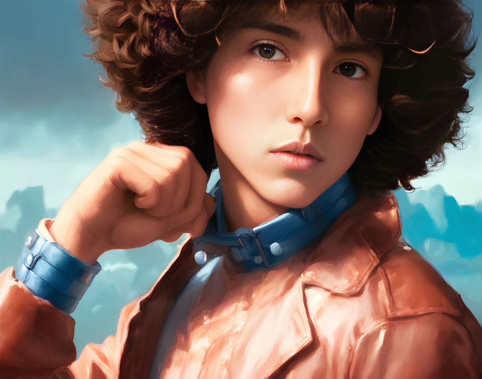 Youth with curly hair in blue scarf and leather jacket against cloudy sky.