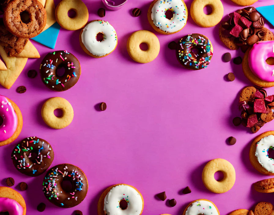 Assorted Donuts, Cookies, and Chocolate on Purple Background