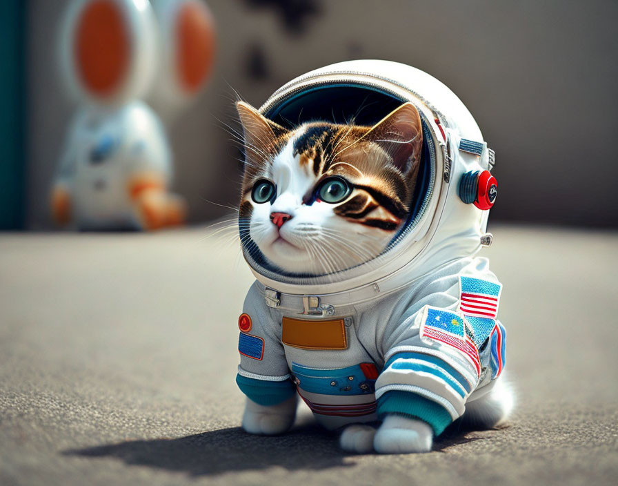 Detailed Astronaut Cat Costume with Toy Robot in Outdoor Setting