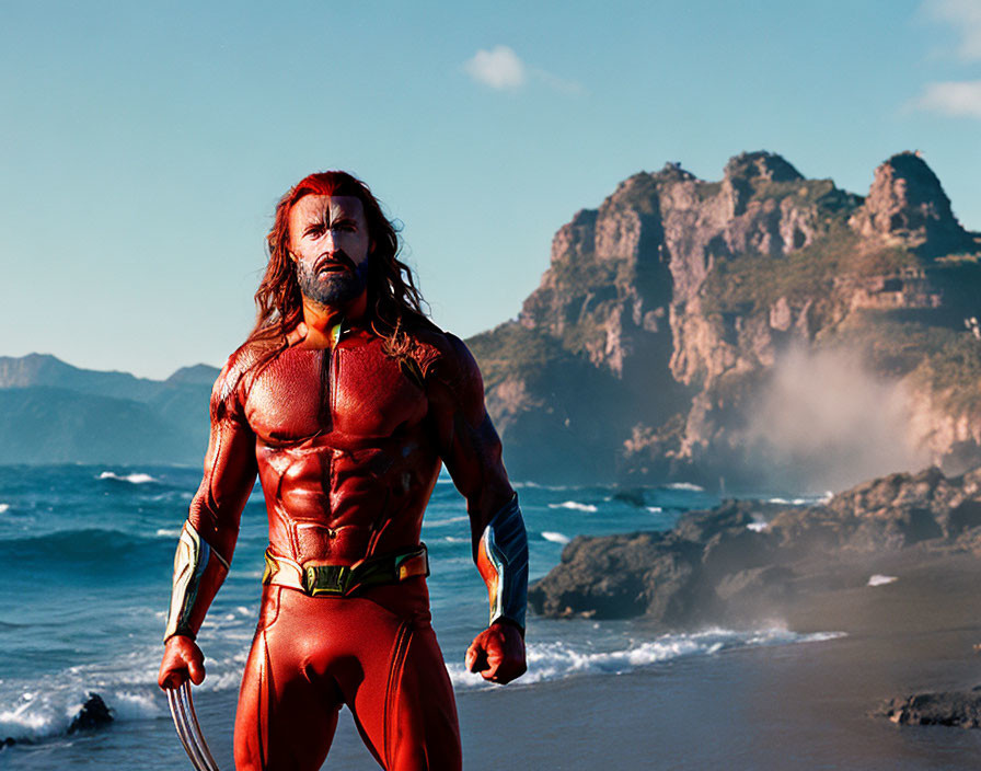 Superhero in red and gold costume on beach with cliffs and ocean waves