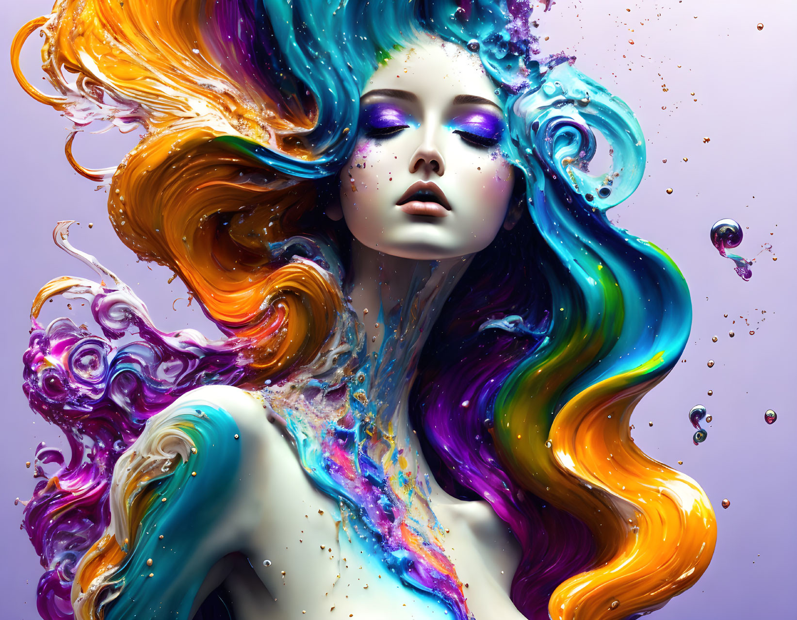 Colorful digital artwork: Woman with flowing hair in spectrum of colors and liquid splashes on purple background