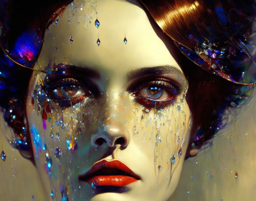 Digital artwork of woman's face with teardrop-like jewels and dramatic makeup.