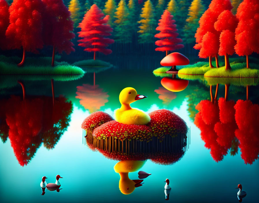 Whimsical landscape with red trees, mushrooms, and colorful ducks