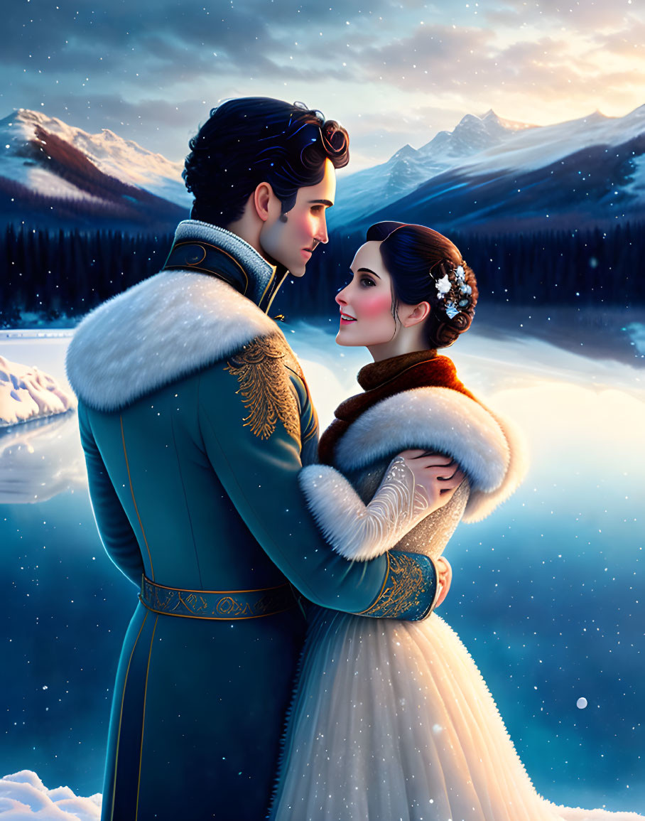 Couple in elegant winter attire embracing in snowy landscape