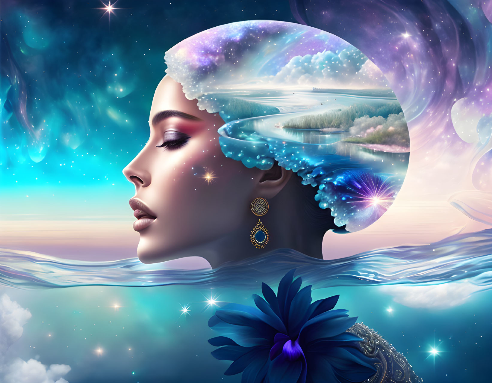 Woman's surreal portrait with cosmic seascape mind and starry night blending with tranquil waters and floral elements