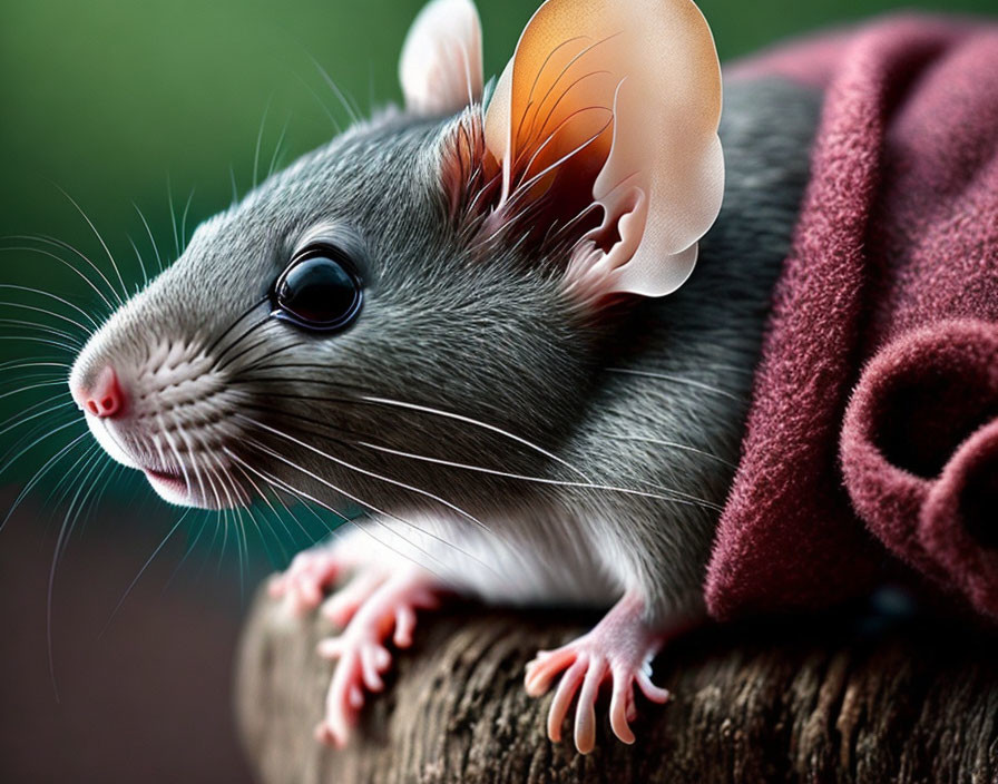 Close-up of shiny-eyed rat with translucent ears on wooden surface.