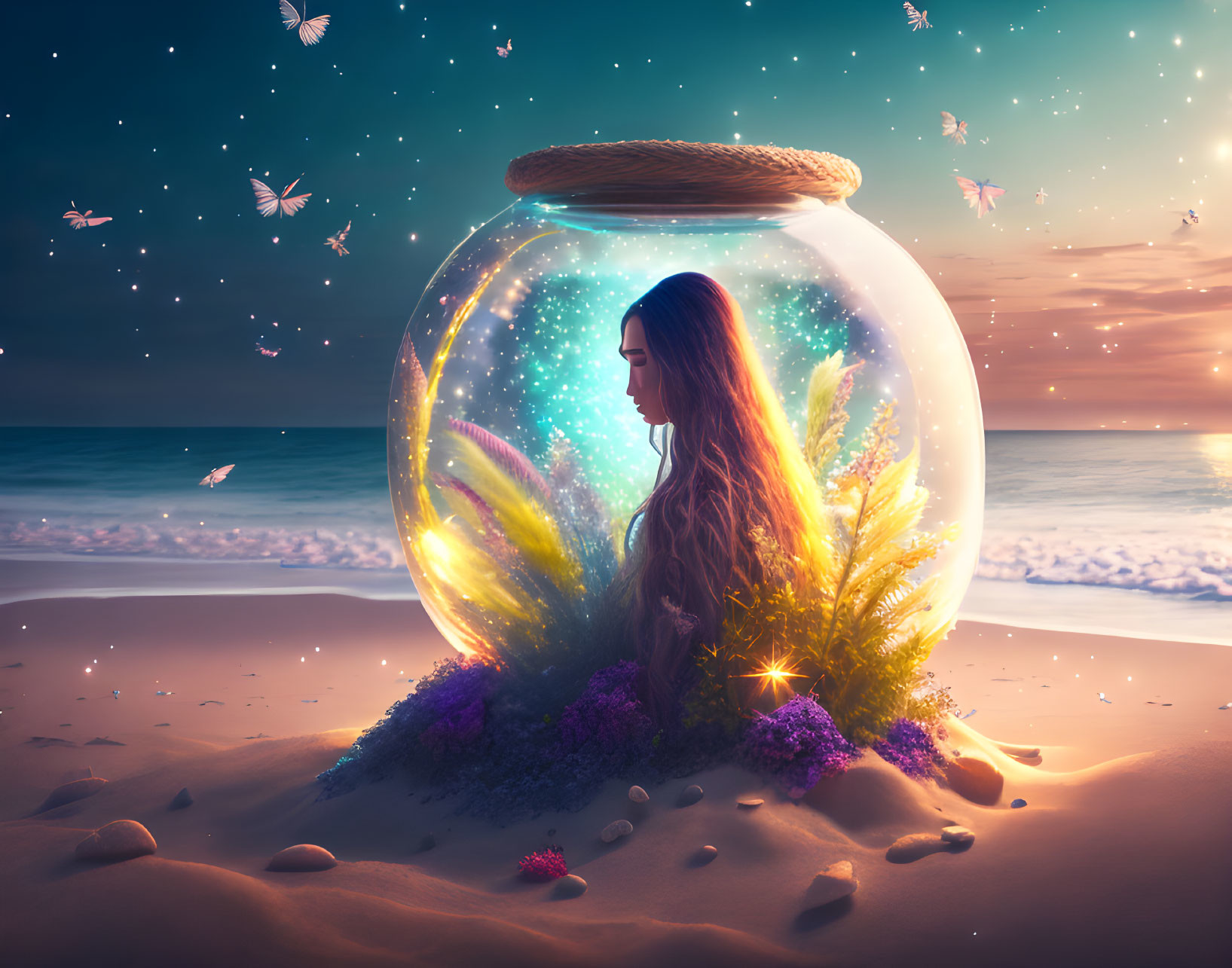 Woman in luminous jar with plants on beach, butterflies, starry sky