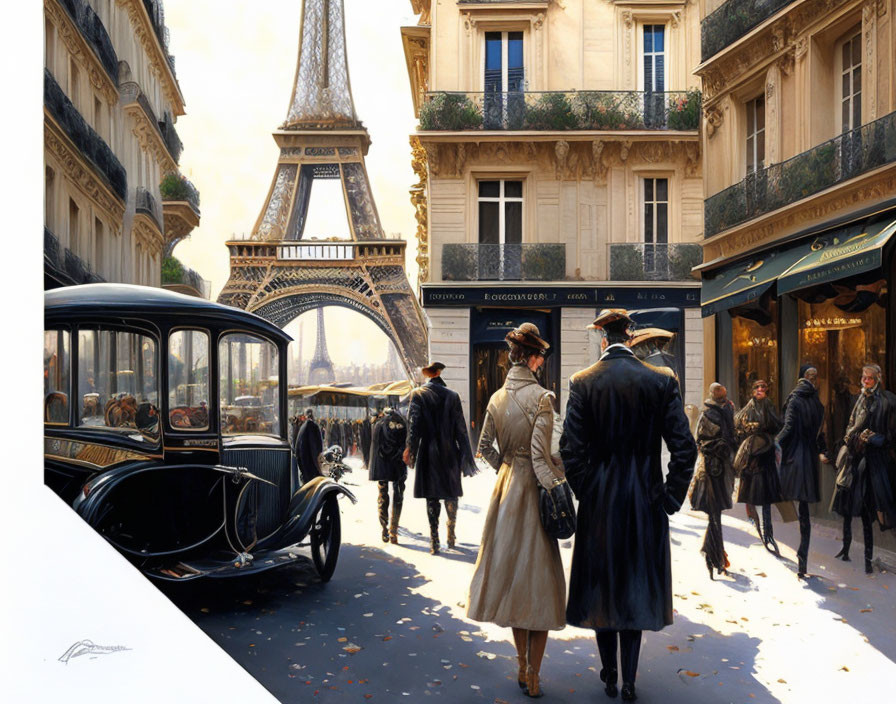 Classic Car, Elegant Attire, Eiffel Tower: Vintage Parisian Scene