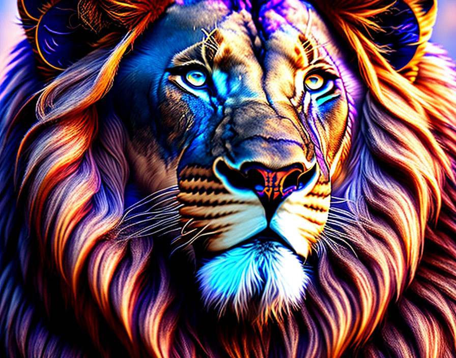 Vibrantly colored lion with blue, orange, and purple mane.