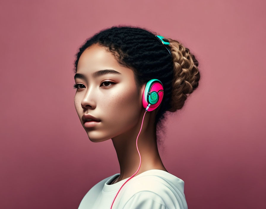 Braided hair youth in green headphones on pink backdrop