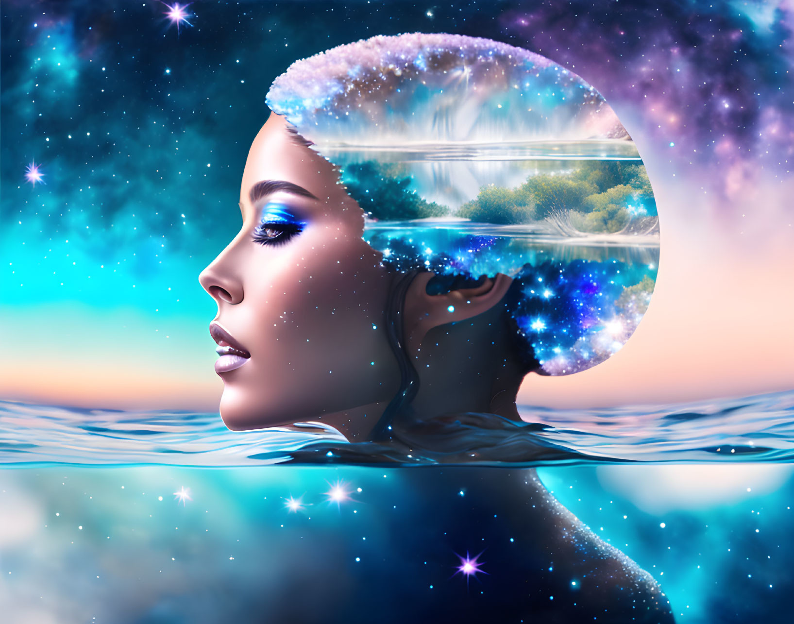 Surreal cosmic-themed portrait of a woman with galaxies and stars in her hair