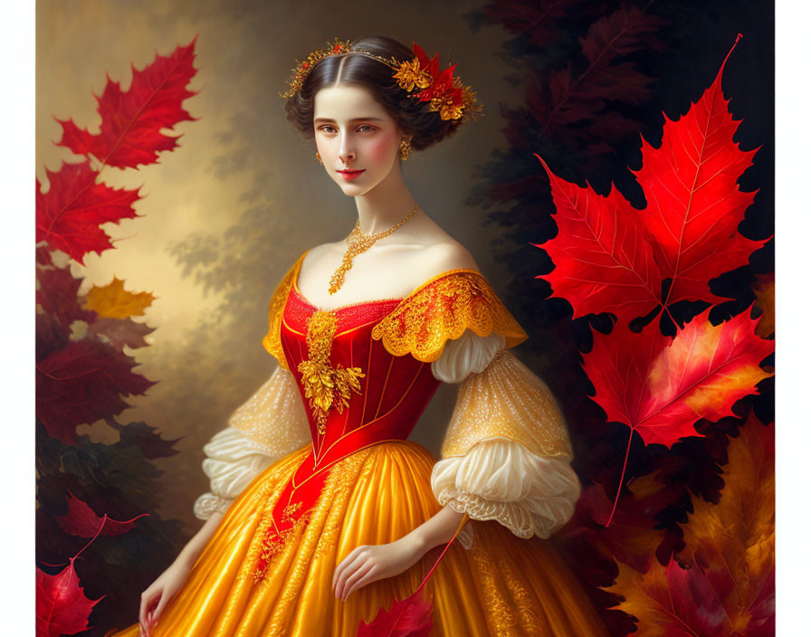 Woman in Vibrant Autumn-Themed Gown Surrounded by Red Maple Leaves