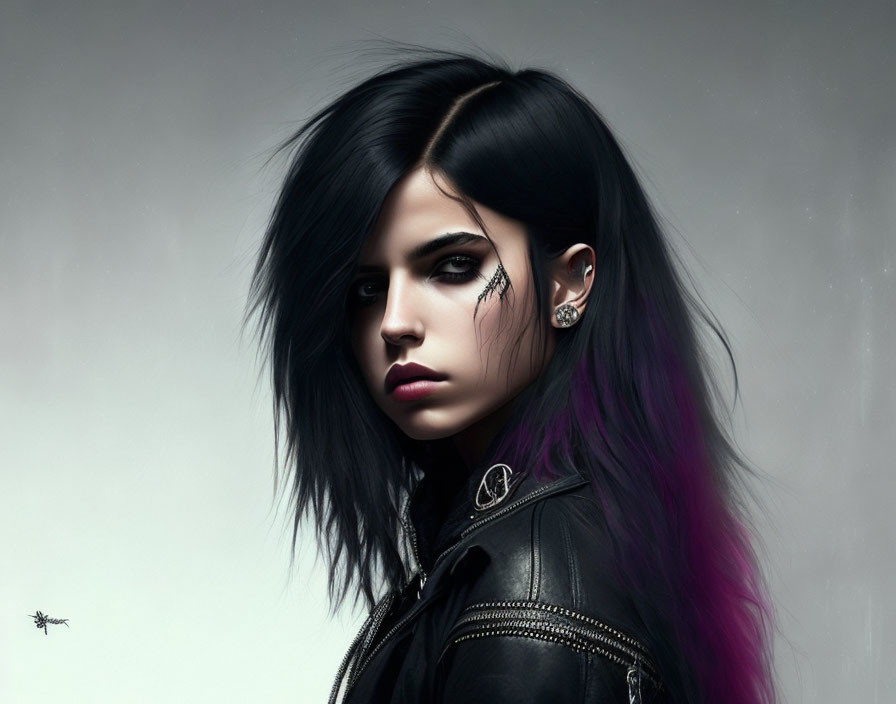 Digital Artwork: Woman with Black and Purple Hair, Gothic Style