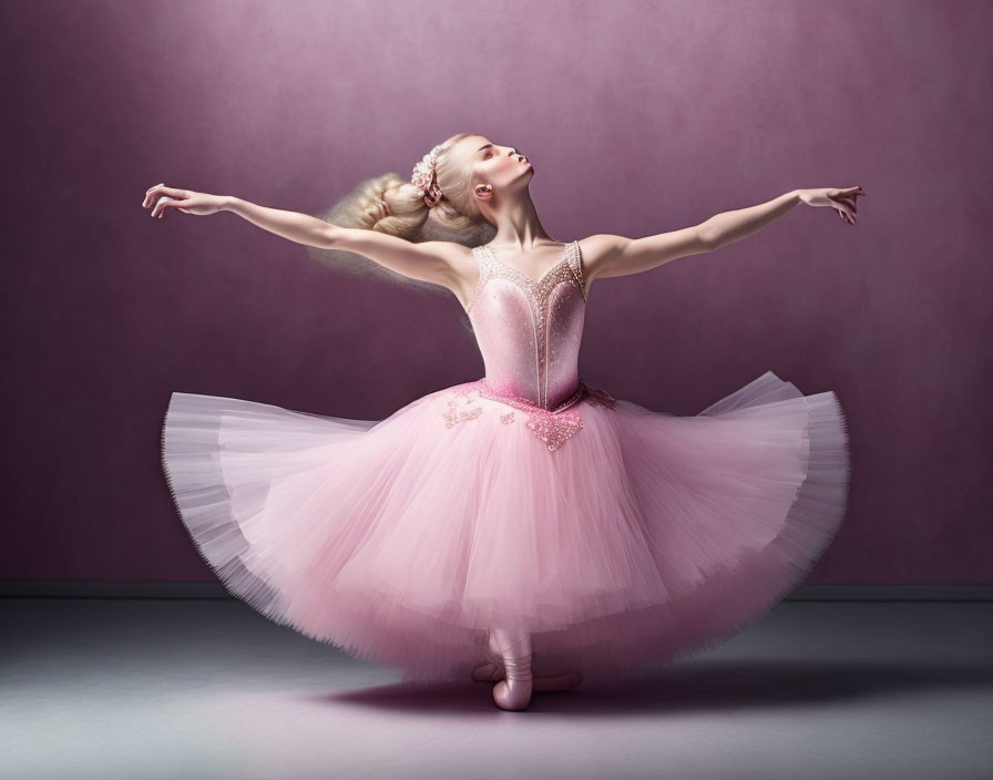 Elegant ballerina in pink tutu and pointe shoes on purple background