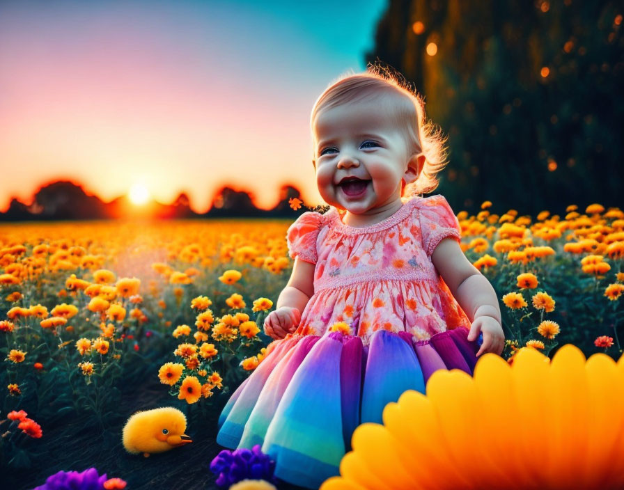 Happy Baby in Colorful Dress with Toy Duck among Orange Flowers at Sunset