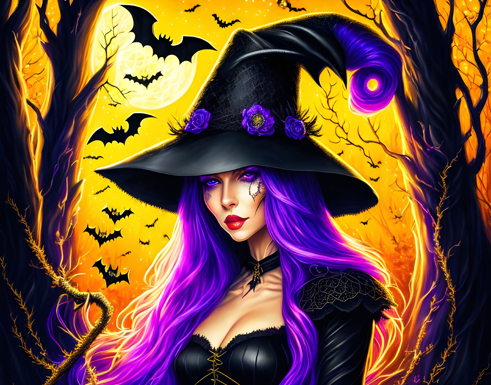 Purple-Haired Witch in Spooky Forest with Bats and Swirl