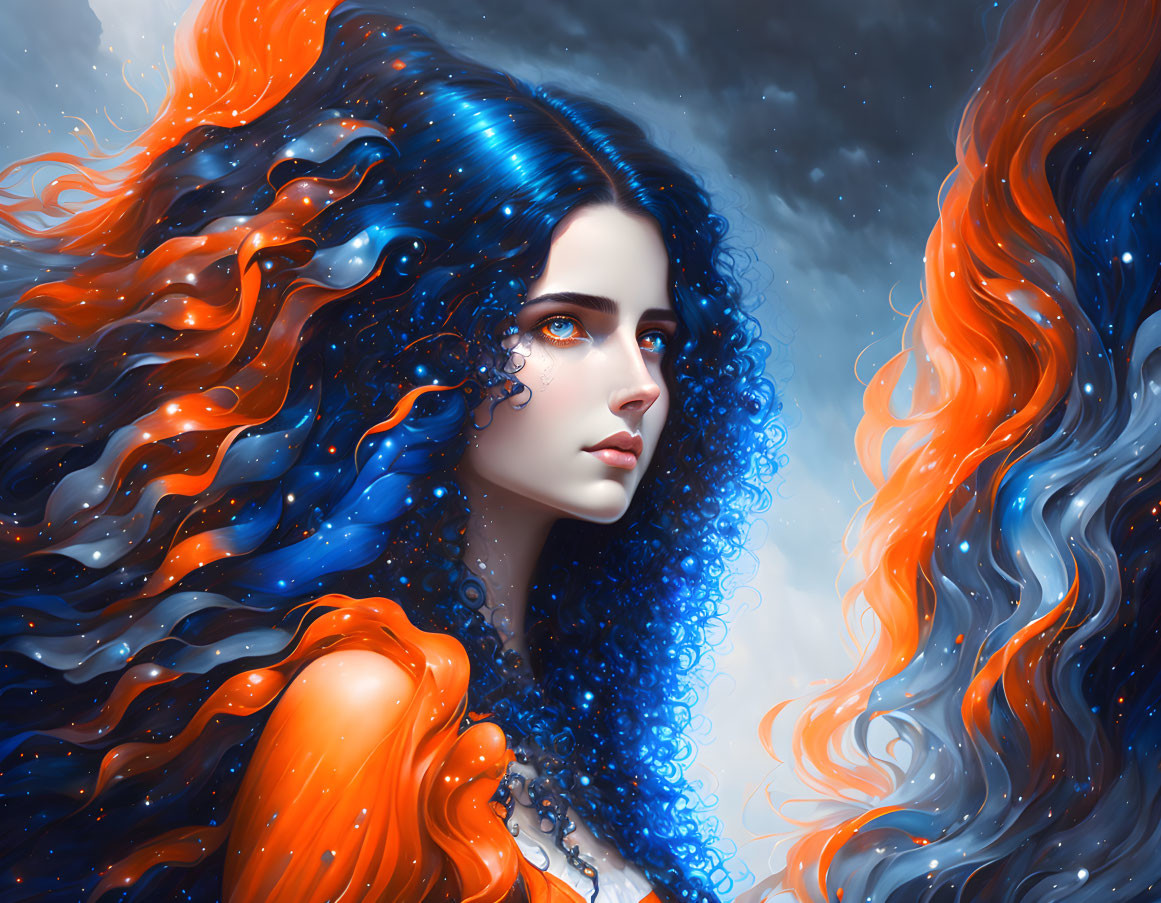 Digital artwork: Woman with blue and orange flowing hair in contemplation