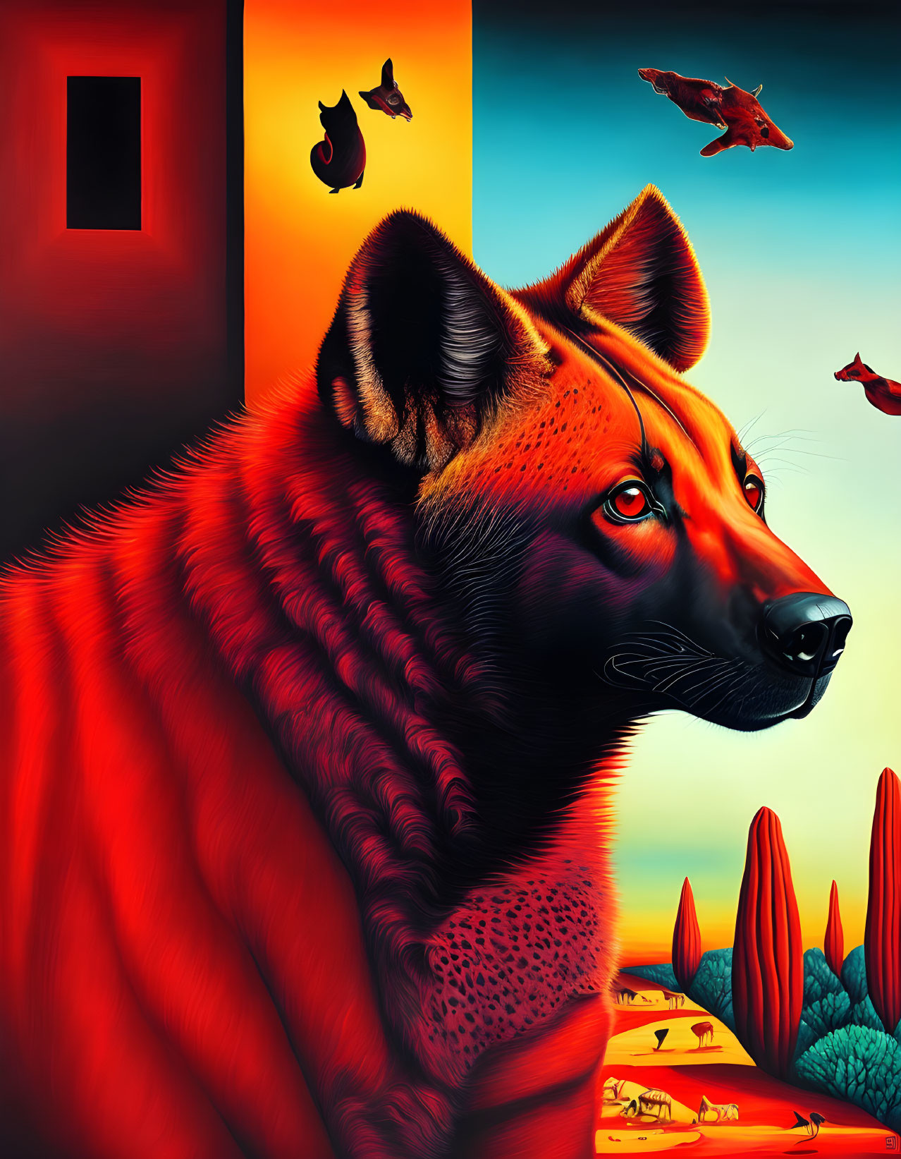 Colorful painting of oversized red fox in surreal desert landscape