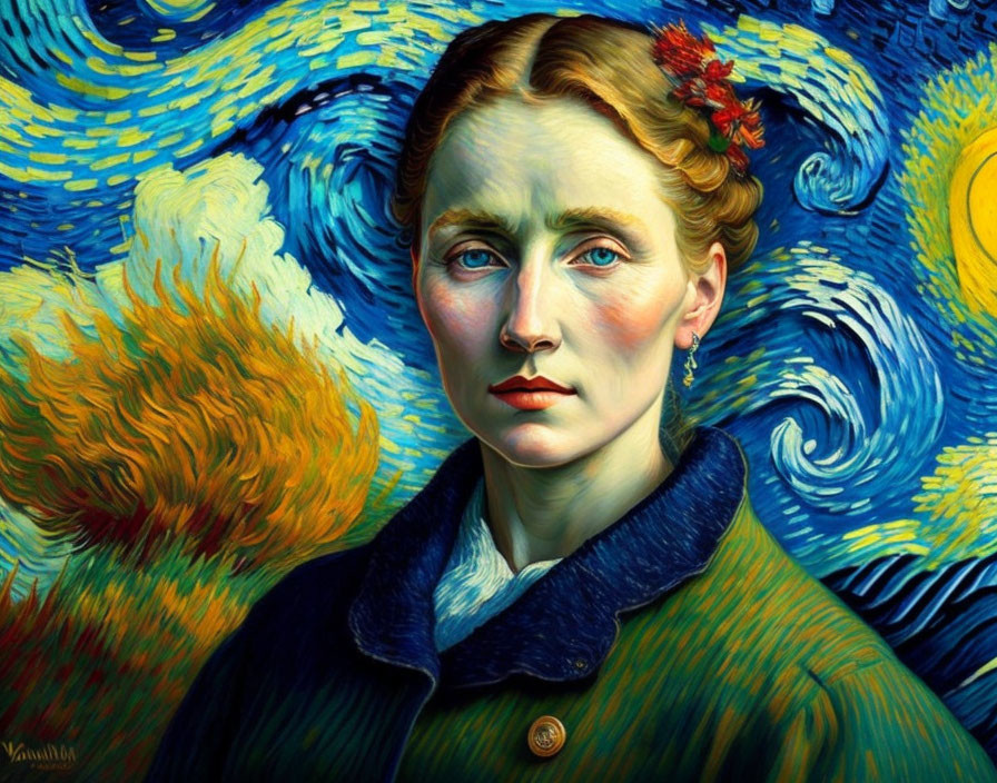 Solemn Woman Portrait with Van Gogh-Inspired Brushwork