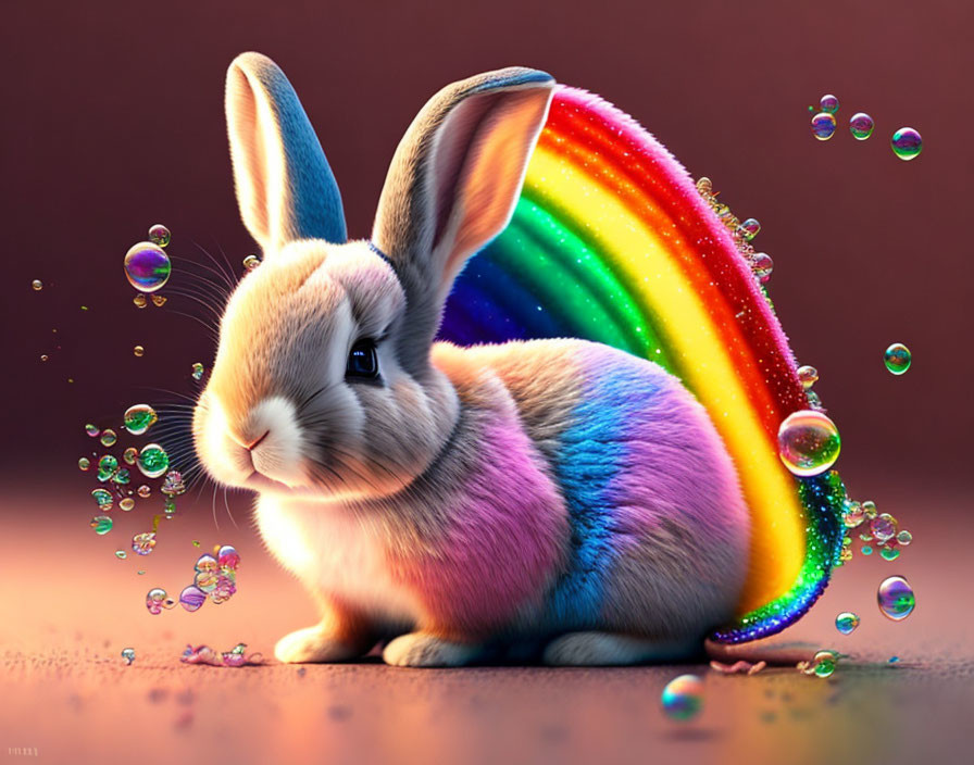 Vibrant rainbow rabbit surrounded by iridescent bubbles