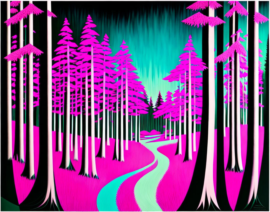 Colorful Stylized Forest with Pink and Black Trees on Teal Background