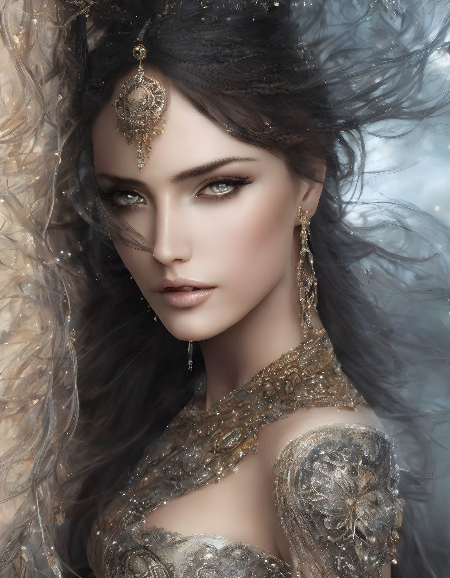 Digital illustration: Woman with dark hair, pale skin, blue eyes, and gold jewelry on blurry background