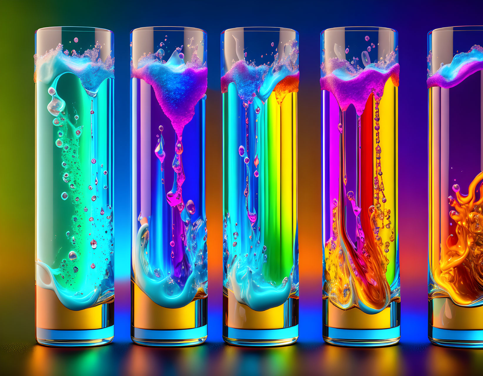 Vibrant liquid splashes in transparent cylinders on gradient background