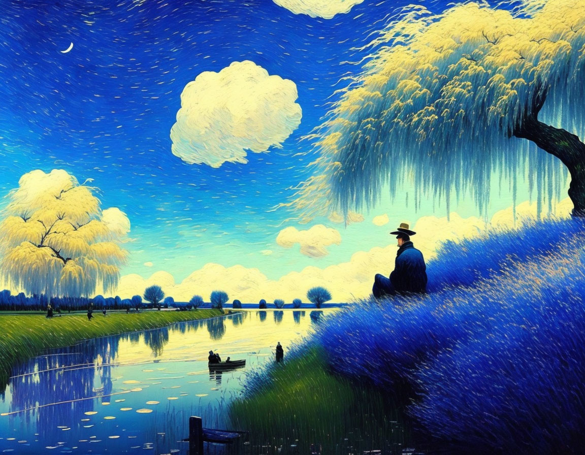 Colorful painting: person under willow tree by river with boats in dreamy, starry landscape