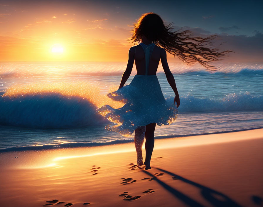 Woman in flowy dress walking on beach at sunset with glowing sparkles and footprints