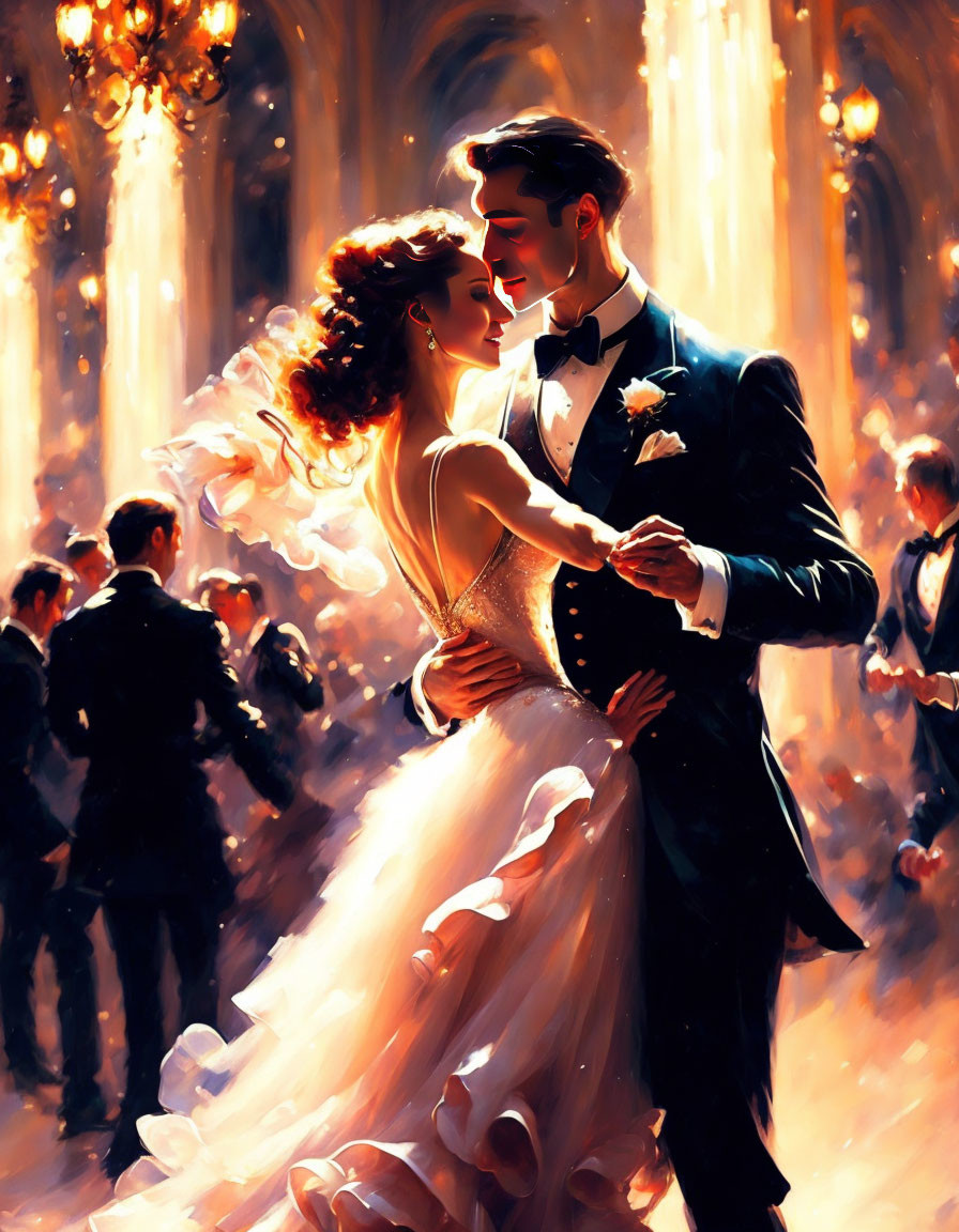 Romantic painting of couple dancing at ball in golden light