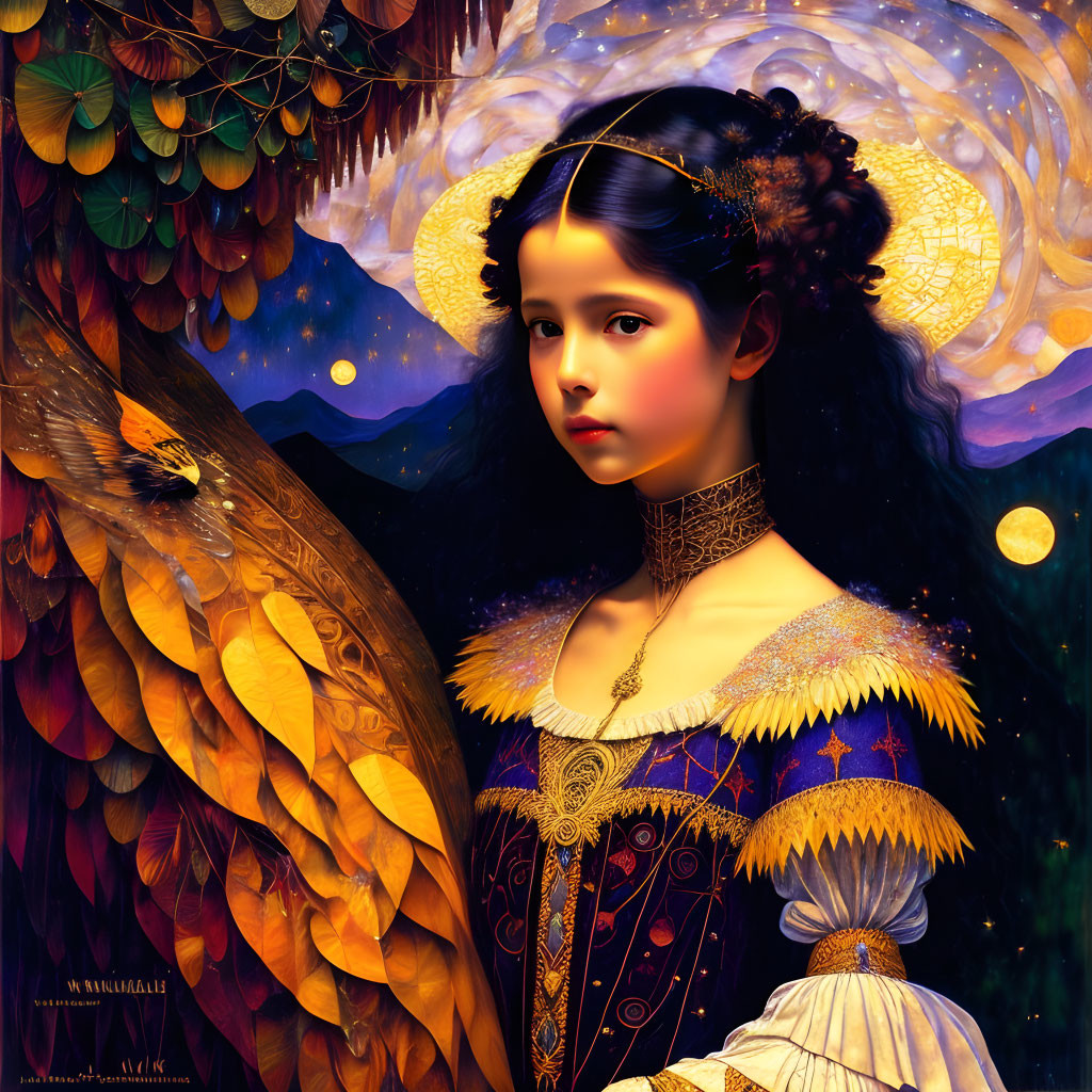 Detailed Illustration: Young Girl with Mystical Aura, Golden Feathers, Jewelry, Night Sky,