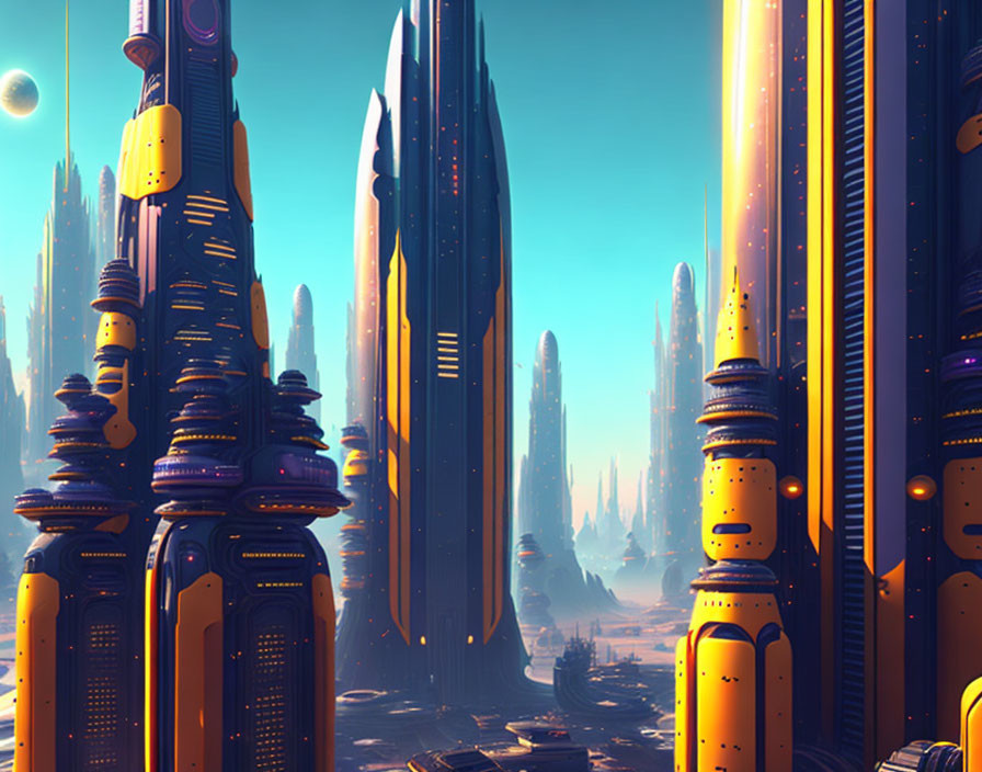 Futuristic cityscape with towering skyscrapers and alien landscape