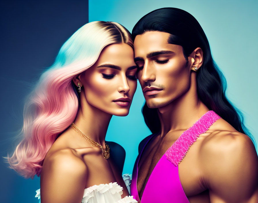 Stylized models with striking makeup and colorful outfits, one with pink hair and the other with black