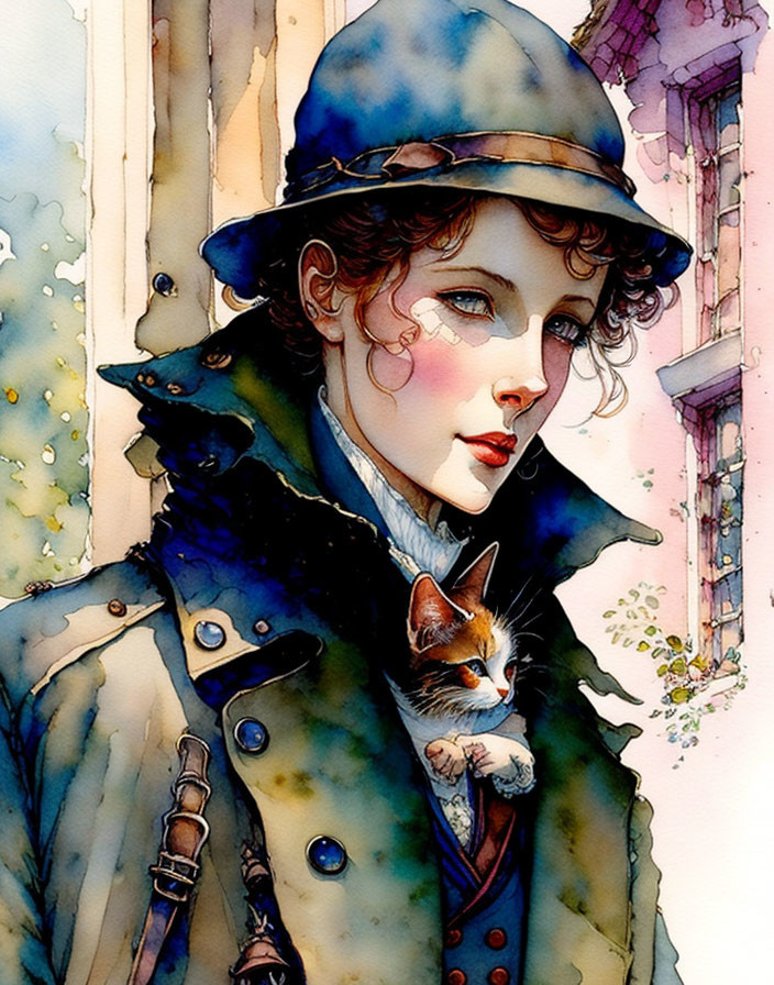 Watercolor Illustration of Woman in Vintage Outfit with Kitten