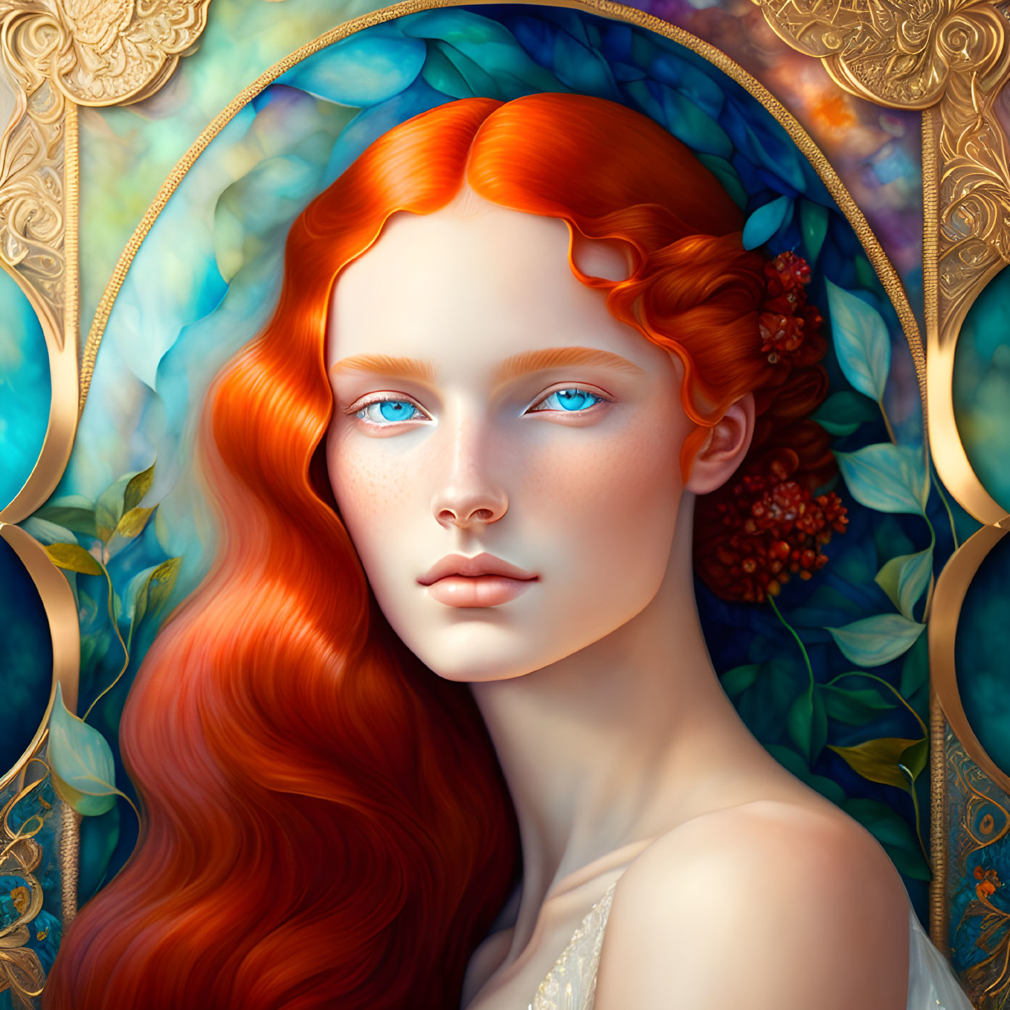 Vibrant woman illustration with red hair and blue eyes in ornate gold and blue motifs