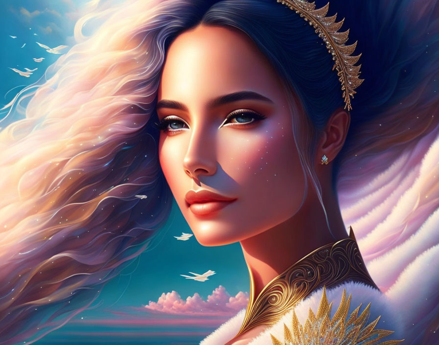 Vibrant woman illustration with flowing hair and crown in dreamy sky setting