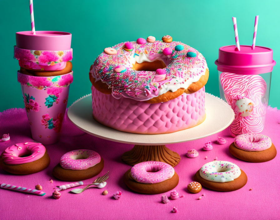 Pink-themed Sweets Display with Doughnut Cake and Floral Cup