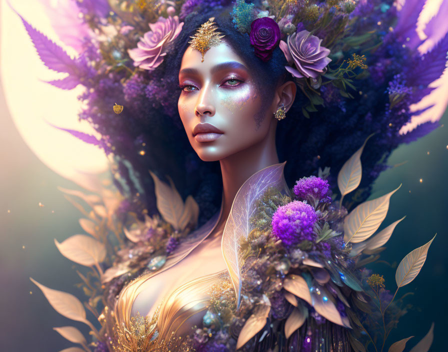 Ethereal digital artwork of a woman with floral and golden elements