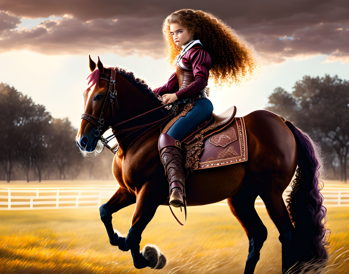 Young girl with curly hair riding brown horse in golden-lit field