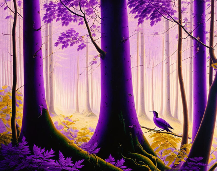 Vibrant Purple Forest with Fog and Bird in Ferns