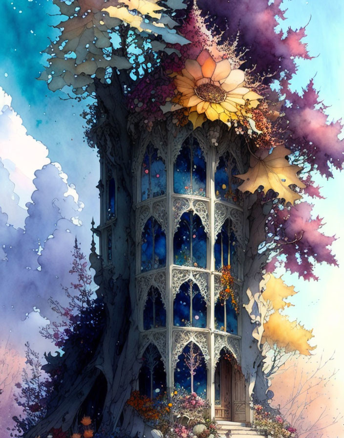 Enchanting treehouse illustration with colorful leaves against dreamy sky