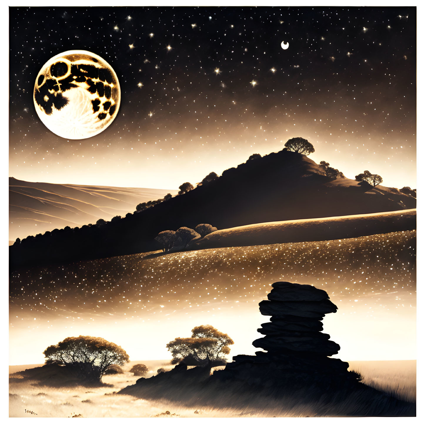 Monochromatic night landscape with detailed moon, stars, hills, trees, and stone cairn