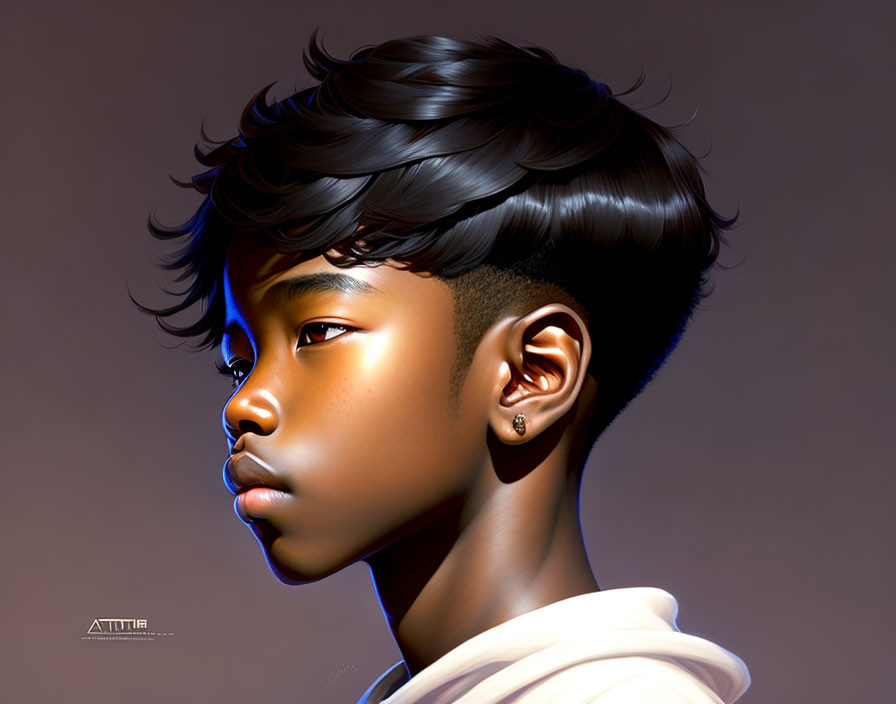 Digital Artwork: Boy with Wavy Hair and Earring in Warm Lighting