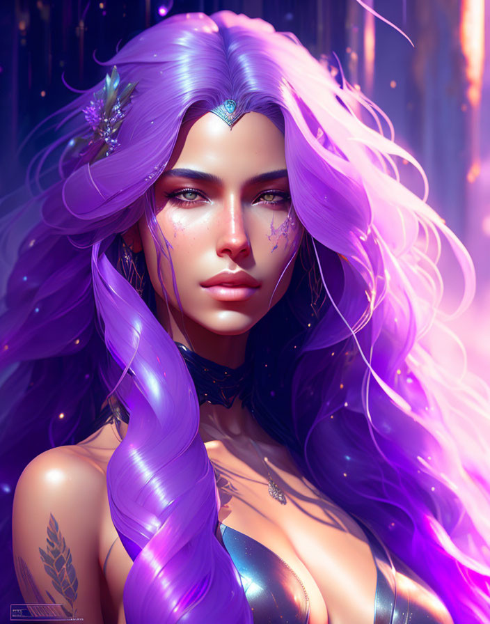 Fantasy digital artwork of woman with purple hair and star adornments