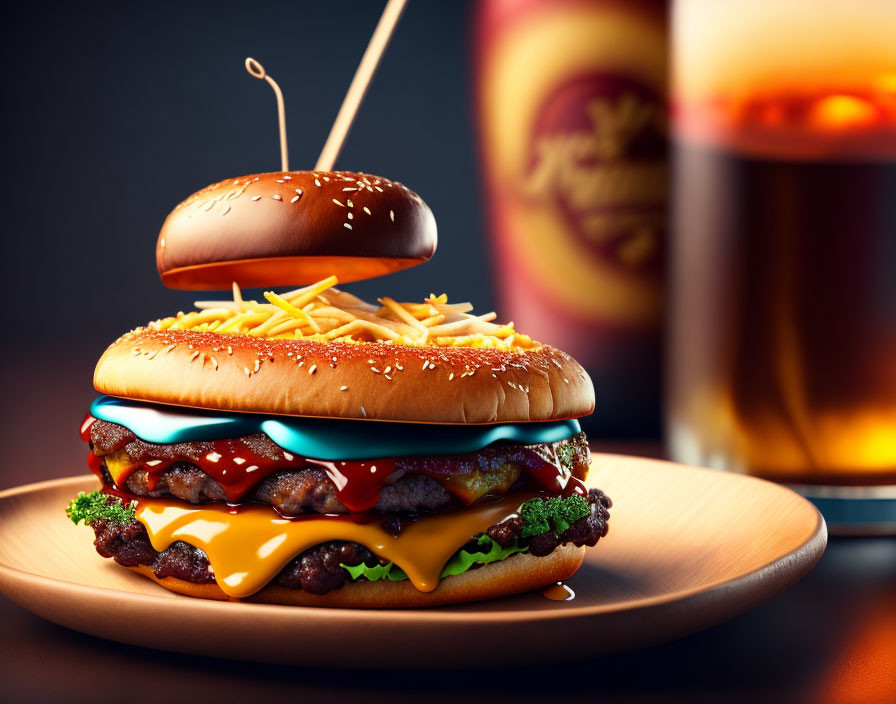 Cheeseburger with lettuce, cheese, condiments, fries, and drink on wooden plate