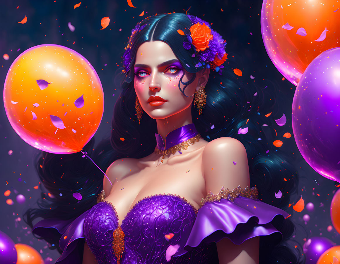 Digital artwork: Woman with blue hair, flowers, purple dress, orange balloons, falling petals