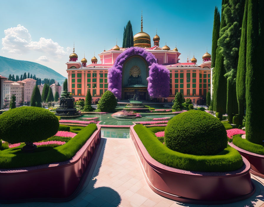 Luxurious pink building with golden domes, purple arch, and lush greenery by a reflective pool